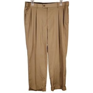 Braggi Mens 38/30 Pleated Dress Pants Khaki Poly Rayon Cuffed Grandpacore